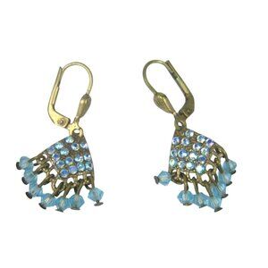 Vintage Blue Rhinestone Bead Dangle Earrings Chandelier Boho Victorian Style